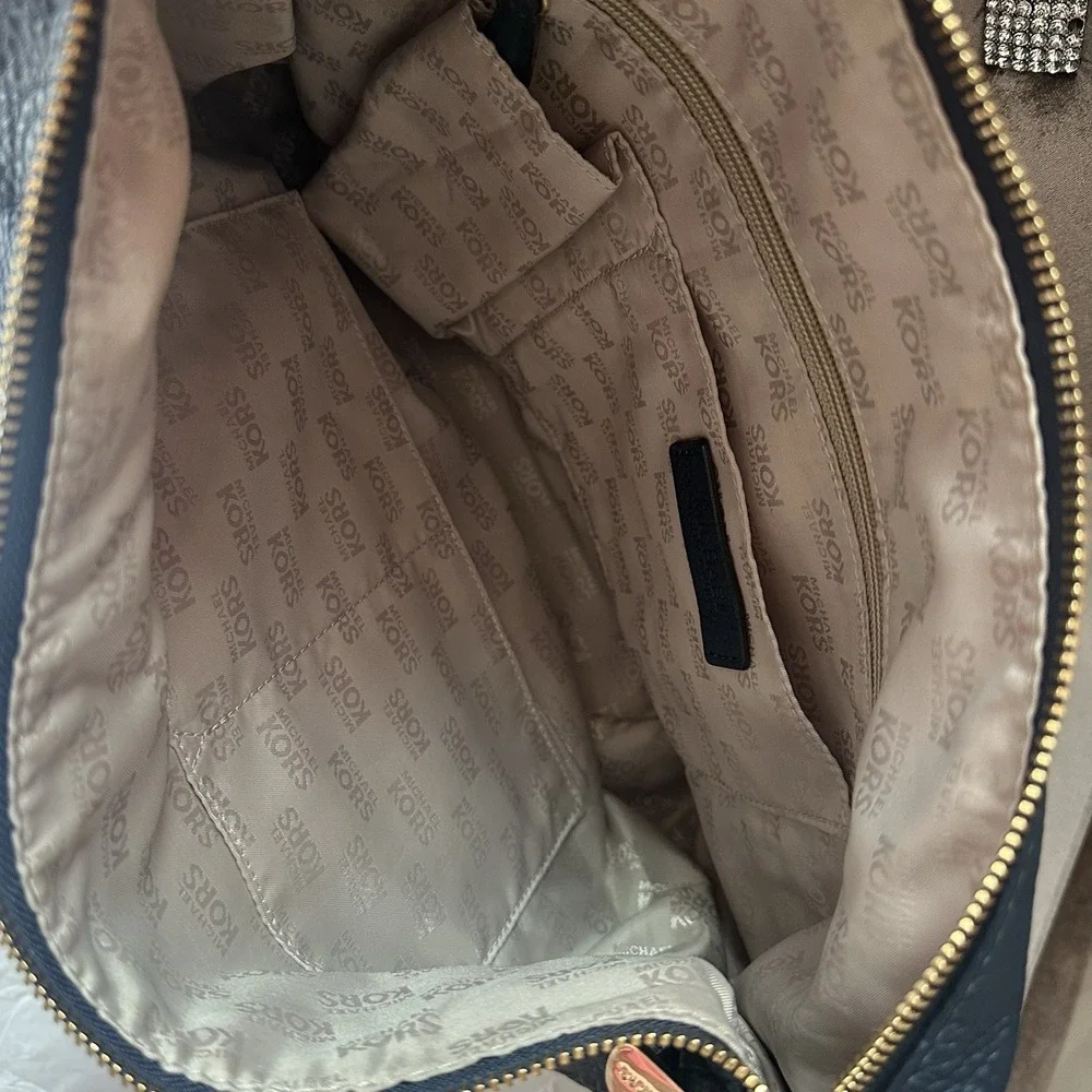 Michael Kors Fulton Large Hobo Shoulder Bag Navy Blue Pebbled Leather Gold MK